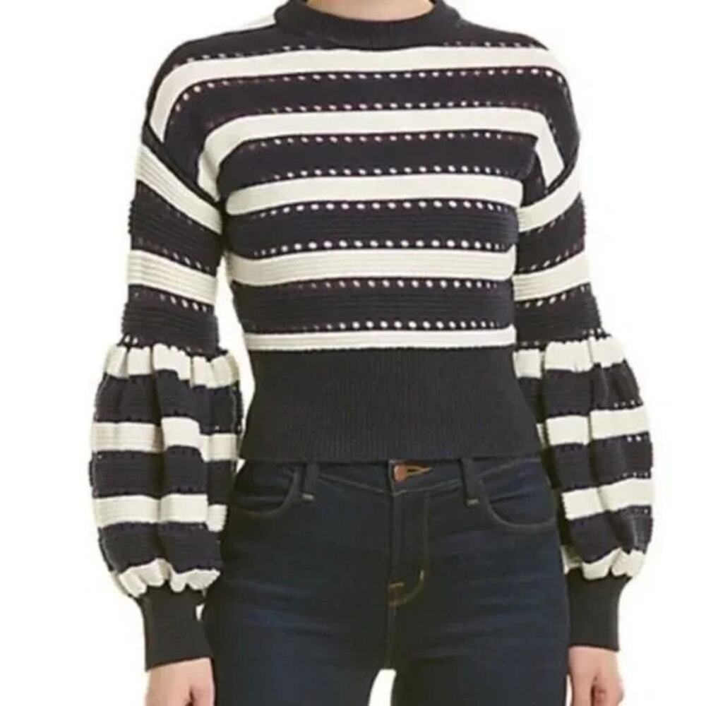 Self-Portrait Striped Balloon‎ Sleeve Cropped Sweater Navy White Small Prep Twee